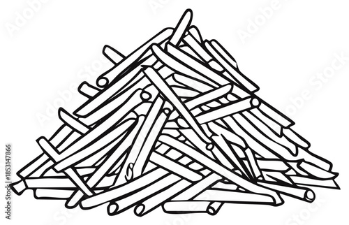 Simple line art illustration of a pile of kindling sticks and firewood for a campfire