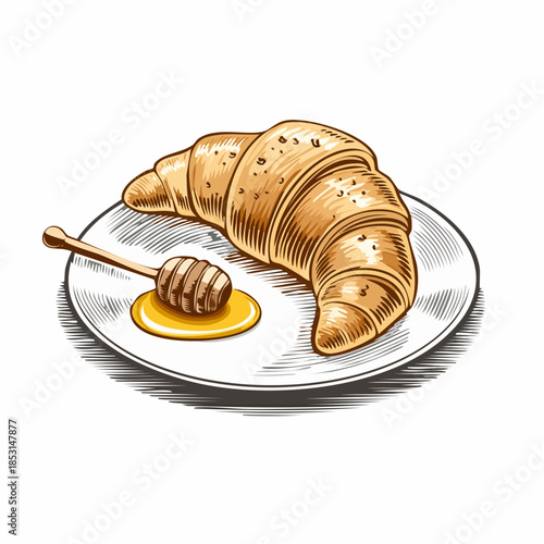 Vintage etching illustration of a croissant served with a honey dipper on a plate, featuring elegant engraved lines, ideal for bakery branding, breakfast menus, and classic food designs.