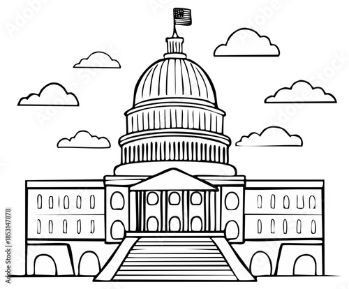 United States Capitol Building Line Art Illustration for Coloring Book Page American Government Symbol