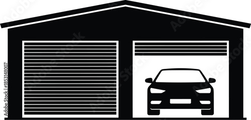 Black and white silhouette of a two-car garage with one car inside simple vector illustration for automotive themes