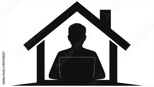 E-learning and Work From Home Vector Icon Silhouette. Distance Learning Concept Illustration of Man Using Laptop Computer Inside House. Remote Office, Online Education, and Freelance Symbol.