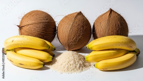 Coconuts bananas and rice on white