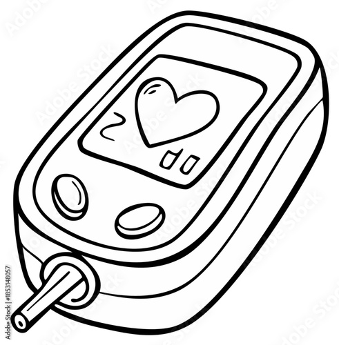 Blood Glucose Meter Displaying Heart Symbol in Black and White Line Drawing, Diabetes Management Tool