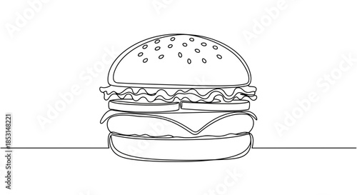 A delicious hamburger with all the classic fixings, captured in a modern continuous line art style Vector