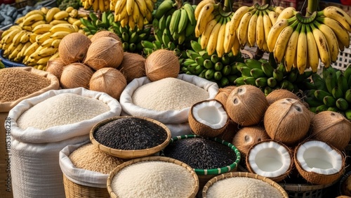 Market stand with rice bananas and coconuts