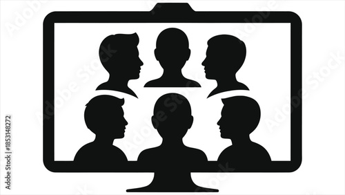 E-Learning Vector: Group Video Call Learning Session - Monitor with Silhouettes of People in Online Meeting, Digital Education, Remote Class, Virtual Classroom, Interactive Webinar Illustration