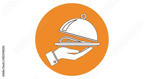 Hand holding a serving cloche with a tray, representing excellent food service and hospitality Vector