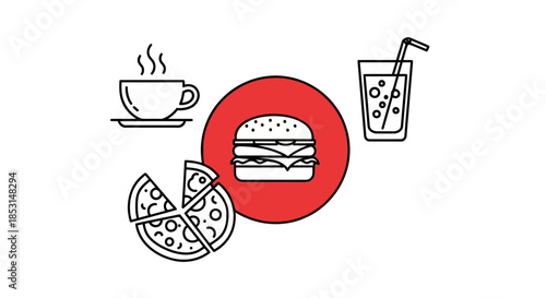 A collection of popular fast food and beverage icons including burger, pizza, coffee, and soda Vector