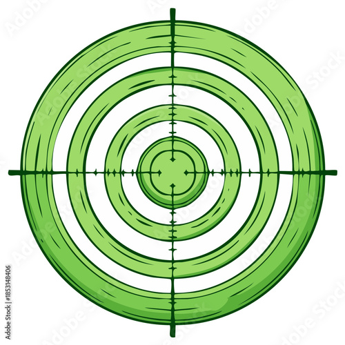 Illustrated green bullseye target with sniper scope crosshairs for focus and accuracy