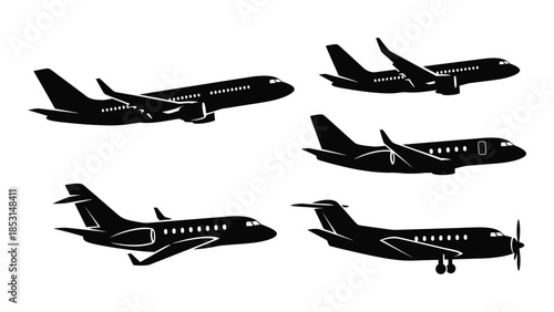 Collection of airplane designs in black displaying various flight positions silhouette