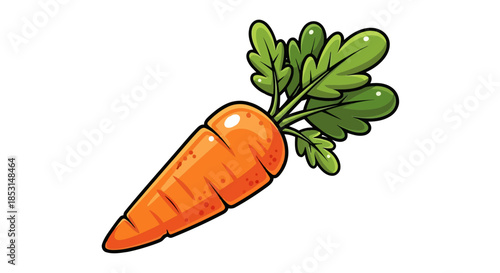 A vibrant cartoon carrot illustration with fresh green leaves on a clean white background Vector
