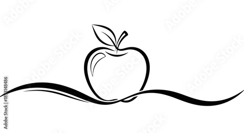 Elegant black and white minimalist graphic of an apple on a graceful wavy flourish for design elements Vector