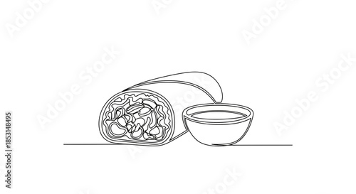 Continuous line drawing of a delicious mexican burrito with sauce in a small bowl Vector
