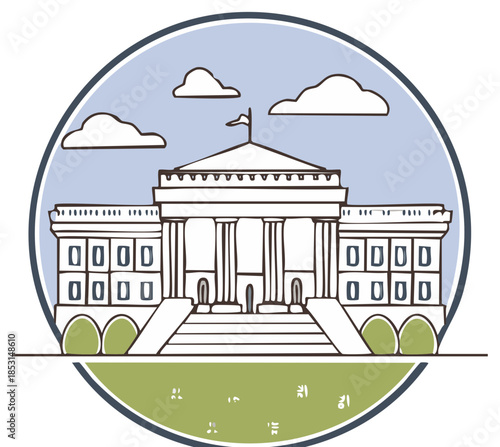 Illustration of a governmental building with a flag, clouds and a landscape
