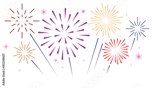 Colorful display of festive fireworks exploding in various shapes and patterns against a white backdrop
