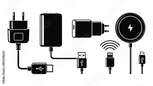 Various mobile device charging accessories in a black silhouette