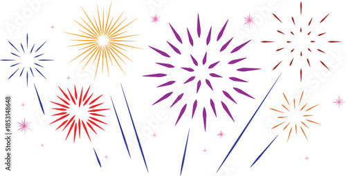 Colorful display of festive fireworks exploding in various shapes and patterns against a white backdrop