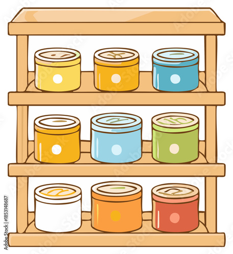 Cute cartoon illustration of colorful jars of cream or preserves on a wooden storage rack