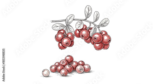 Detailed hand-drawn illustration of vibrant red cranberries on a branch and loose berries below Vector