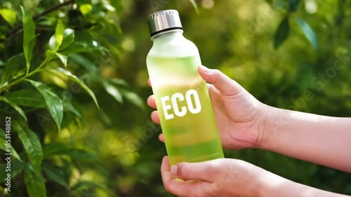 Hands holding eco bottle against green garden background