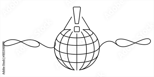 A line art illustration of a globe with an exclamation mark above it, flanked by infinity symbols Vector, illustration