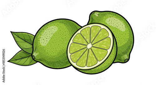 Fresh green limes and a perfectly sliced half-lime, showcasing vibrant citrus zest and segments Vector