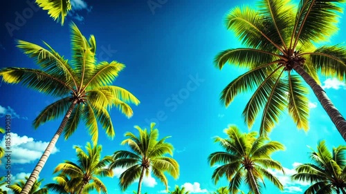 Tropical palm canopies with sunlight and vibrant summer mood