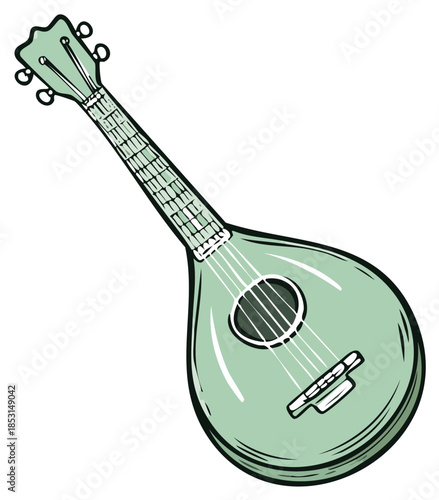 Cartoon illustration of a mandolin musical instrument with a green color scheme, isolated on white.