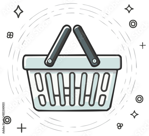 Cartoon-style shopping basket with handles, simple line art, surrounded by abstract decorations