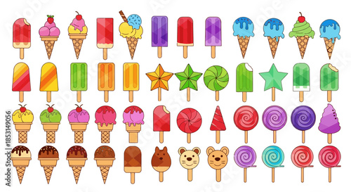 A delightful assortment of colorful ice cream, popsicles, and lollipops on sticks Vector