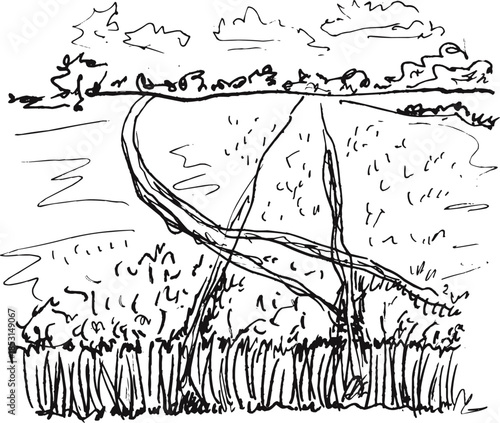 Minimalist Sketch Wheat Field with Tractor Tire Tracks