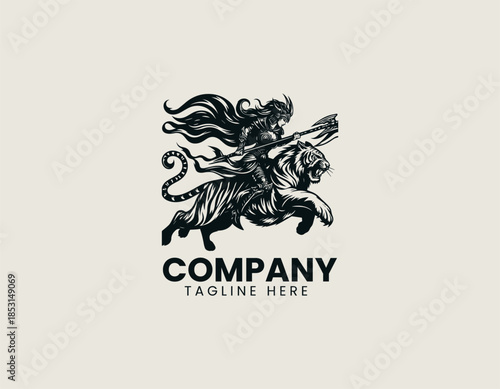 Warrior lady rides a fierce tiger while carrying a bold war flag in a black vector logo illustration