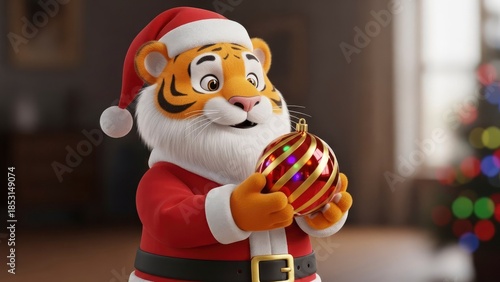 Tiger wearing Santa hat holding Christmas ornament