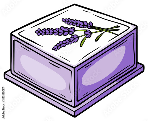 Cartoon illustration of lavender soap bar with sprigs, purple color and clean design.