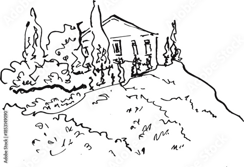 Vineyard Fields with Hillside House and Trees Sketch