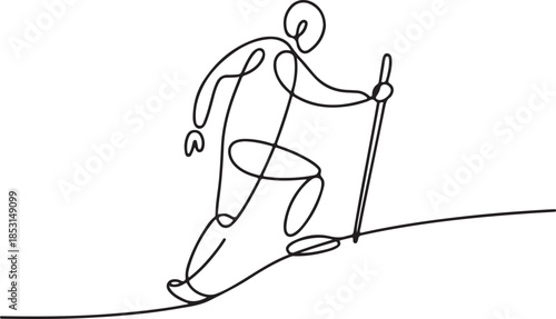 Continuous Line Art Illustration of a Figure Ascending a Hill Using a Walking Stick in Organic Sketch Contour