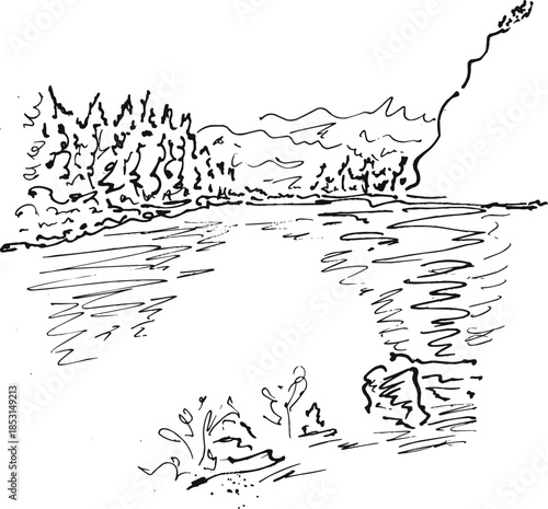 Forest Pine Trees Mountain and River Landscape Art