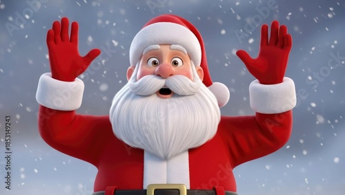 Cartoon Santa surprised in falling snow