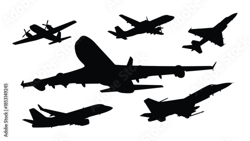 Diverse aircraft in flight a striking black and white silhouette