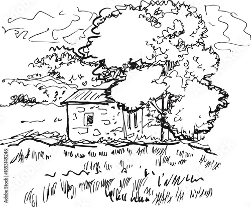 Rustic Hut in Countryside with Trees and Grass Art