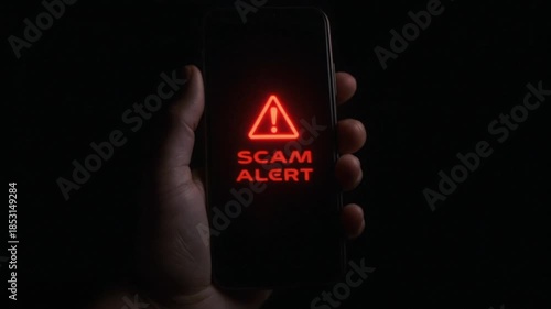 Hand holding smartphone with red scam alert warning in dark scene