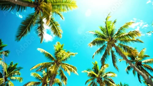 Low angle view of tall coconut palms under bright blue sky