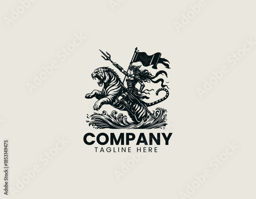 Warrior lady rides a fierce tiger while carrying a bold war flag in a black vector logo illustration
