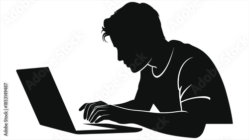 E-learning silhouette vector of man typing on laptop. Student studying online, distance education, remote work, and digital learning concept. Black figure writing notes on computer for school 