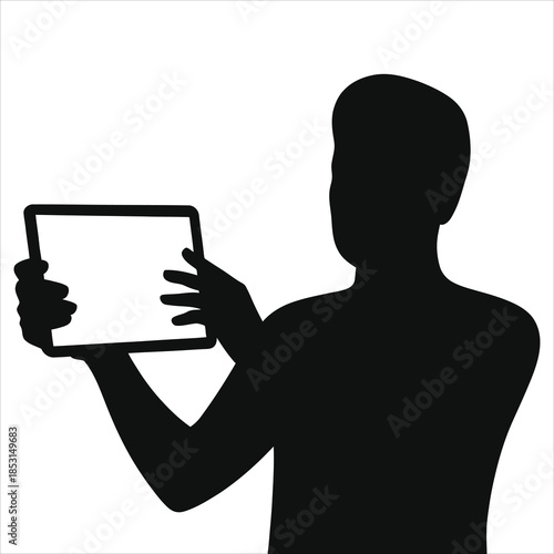Silhouette of man holding tablet with blank screen for e-learning and online education concept. Vector illustration of student studying remotely with digital device for internet class