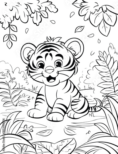 Cute tiger cub sitting in jungle surrounded by leaves and plants vector illustration coloring page