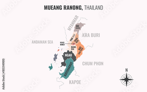 Map showing Mueang Ranong District Ranong Thailand divided into sub districts with minimalist colorful patterns