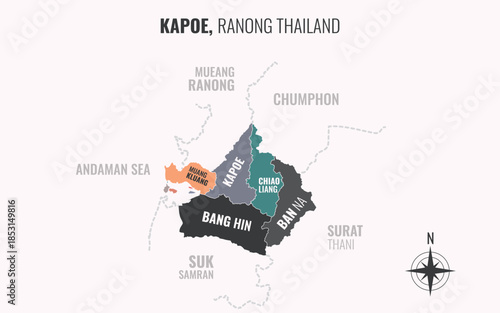Map showing Kapoe District Ranong Thailand divided into sub districts with minimalist colorful patterns