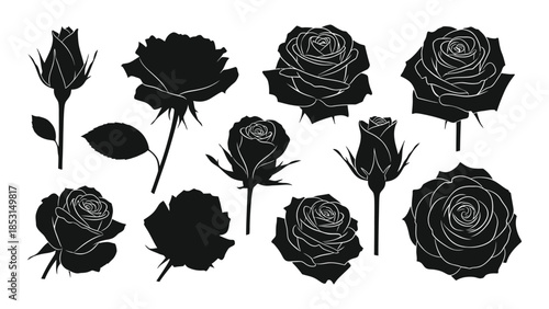 Elegant collection of black rose illustrations in a striking silhouette