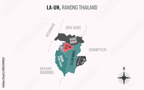 Map showing La un District Ranong Thailand divided into sub districts with minimalist colorful patterns
